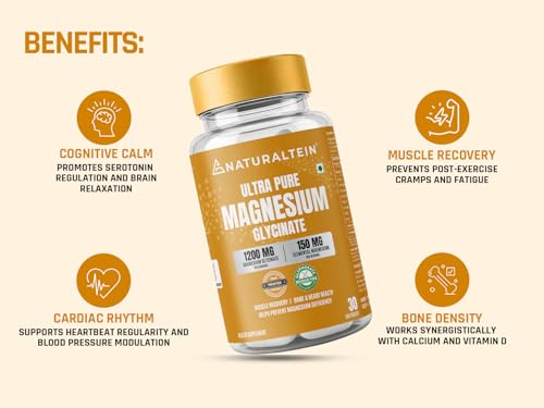 Image of Naturaltein Magnesium Glycinate 1200mg (150mg Elemental) | Chelated High Absorption Magnesium | Supports Sleep Quality & Normal Muscle Function | Glyphosate Tested | 30 Tablets
