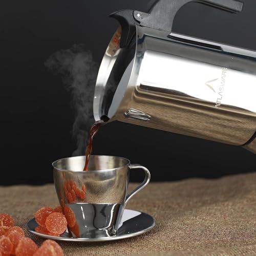 Image of Atlasware Stainless Steel Mocha Design Coffee Maker | Induction, Gas, Hot Plate Compatible | Compact BPA Free Espresso Filter Coffee Black Tea Pot Percolator for Home, Kitchen, Travel (Silver, 2 Cup)