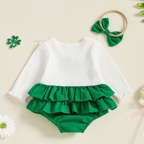 BemeyourBBs St Patricks Day Baby Girl Outfit Shamrock Long Sleeve Bubble Romper Jumpsuit Headband Infant Cute Spring Clothes3