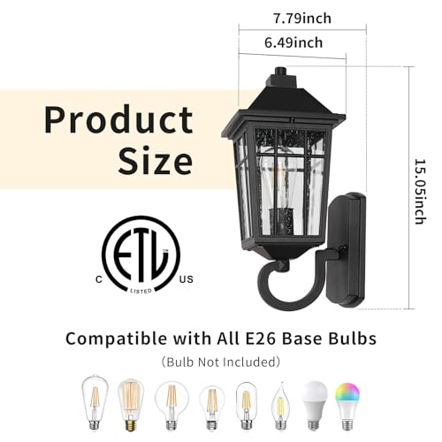 Image of JYZ Outdoor Porch Light Wall Mount, 15 inch Exterior Wall Lighting Fixtures with Seeded Glass Shade, Anti-Rust Matte Black Outdoor Wall Sconce, E26 Base Outside Lantern for Front Door, Patio, Garage