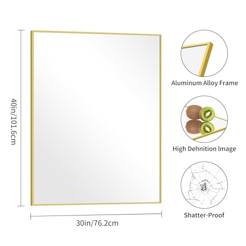 Image of COFENY 30x40In Gold Bathroom Mirror for Wall, Brushed Gold Rectangle Mirrors with Metal Frame, Bathroom Rectangular Mirror Modern Wall Mirror for Bedroom Living Room, Hangs Horizontal or Vertical