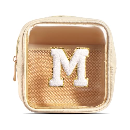 Mini Makeup Bag, Small Makeup Bag for Purse Waterproof Clear Makeup bag Leather Cosmetic Bag Square Make Up Bag Pouch with Chenille Letter, Beige