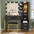 Dnxao Makeup Vanity Desk with Mirror and Lights, Large Vanity Desk with Power Outlet, RGB LED Cabinet, Makeup Table Set with 5 Drawers & Side Storage Bag, Black and Gold