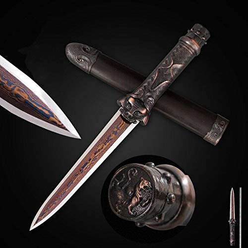 GLW Sword Tiger Head Short Sword Multiple-Refined Folded Pattern Steel Battle Sword 100% Handmade Grinding Polishing Chinese Longquan Sword Sword Jian Sharp Blade Battle Ready