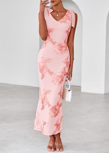 Lazysmile LPomens Floral Embroidered Maxi Dress Sleeveless V Neck Tie Strap Ribbon FloLPer Mesh Party Cocktail Dresses Light Pink — view 4