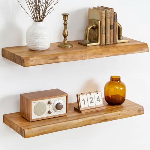 Image of Dreamland Floating Shelves 24 Inch Long, Rustic Solid Elm Wood Live Edge Floating Shelf Wall Mounted, Wall Shelves Set of 2 with Invisible Bracket for Living Room Bathroom Kitchen, Natural