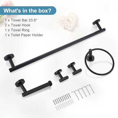 TQKAG Matte Black Bathroom Hardware Set 5 Pieces, SUS304 Stainless Steel Towel Bar Set Round Bathroom Towel Rack Set Wall Mounted by TQKAG - Image 7