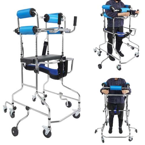 Adult Standing Walker, Elderly Hemiplegia Rehabilitation Standing Frame, Lower Limb Training Aid with Seat for Seniors Disabled, Adjustable Height, withstands 220 lbs, Walker with 8 Wheels (Brake)