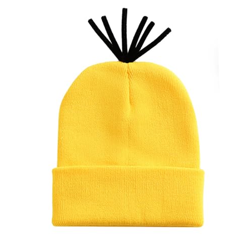 Yellow Beanie Knit Hats Adult Costume Accessories Cuffed Cap with Wig Halloween Cosplay Party Supplies