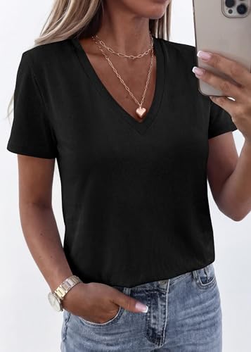 KIRUNDO V Neck T Shirts for Women Summer Tops Oversized Spring Short Sleeve Casual Basic Tees Tunic Blouse Fashion Clothing(Black, Large) — view 2