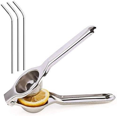 トラスト レモンライムスチールスクイーザープレス 再利用可能なストローを備えた大型の頑丈な手動ハンドヘルドシトラスジューサー