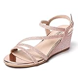 IDIFU Women's Wedge Heel Sandal Dress Low Strappy 2 Inch Open Toe Wedding Bridal Shoes for Woman Ladies Evening Formal(Rose Gold Shiny, 8 M US)