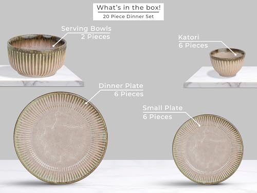 Image of Bodhi House Premium 20-Piece Stoneware Dinner Set Serving for 6 - Handcrafted Ceramic Plates, Bowls & Serving Bowls | Microwave & Dishwasher Safe | Elegant Modern Tableware Crockery Petal Pink
