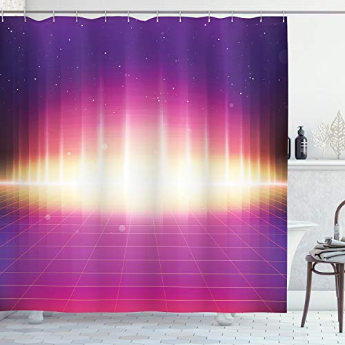 ABAKUHAUS Vaporwave Duschvorhang, 80er Retro Sci-Fi Hintergrund, Stoffliches Gewebe Badezimmerdekorationsset mit Haken, 175 x 200 cm, Mehrfarbig