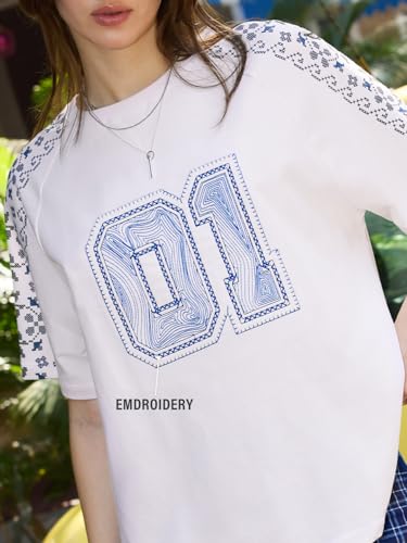 Image of The Souled Store Floral Varsity Women and Girls Short Sleeves Round Neck White Embroidered Cotton Oversized T-Shirts