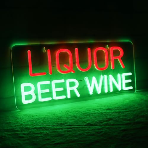 Image of Liquor Beer Wine Neon Signs for Wall Decor Neon Lights for Bedroom Led Business Signs Suitable for Liquor Store Christmas Birthday Party Gift 5V Power Adapter, 16.1 * 7 Inch(Red+Green)