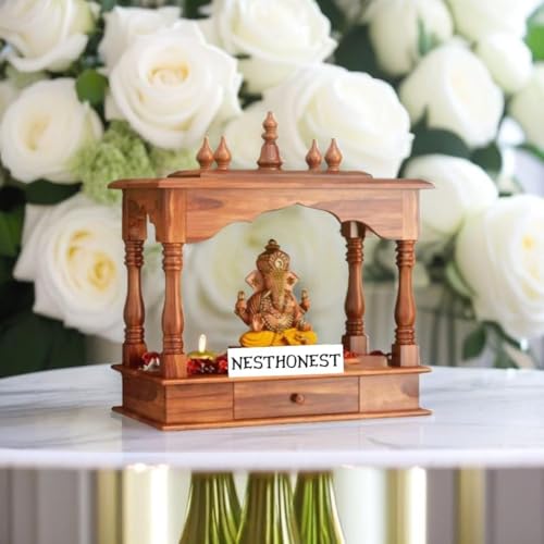 Image of Wall Mounted Solid Sheesham Wood Puja Mandir for Home Solid Wooden Temple for Puja Room with 1 Drawer Storage Pooja Ghar Wooden Furniture for Pooja Room Sheesham Wood, Honey Finish