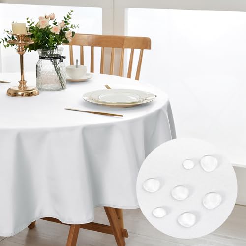 DWCN - Nappe Ronde Anti-Taches, Lavable et imperméable - pour Salle à Manger, Noel, Jardin, fête, Mariage ou Maison - Blanc - 140 cm