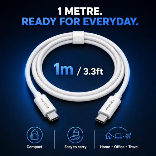 Image of KINGSTER 60W USB-C to USB-C Cable, 1 Metre Nylon Braided PD Fast Charging and 480Mbps Data Transfer Cable for iPhone 15 and Later, MacBook, iPad and Samsung Galaxy
