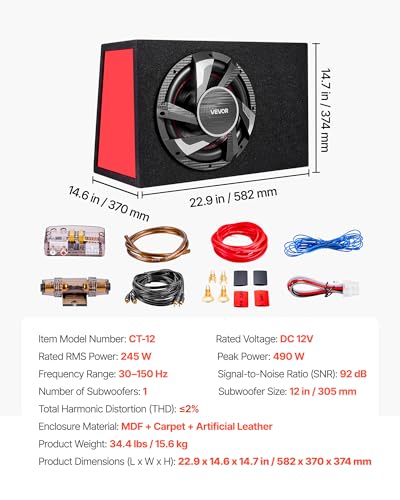 VEVOR Auto Subwoofer Set mit Bestücktem Gehäuse 305 mm, Komplettes Subwoofer- und Verstärkerpaket 245 W RMS, mit Integriertem Verstärker & Verkabelungssatz, Kompakt für Auto-Audiosysteme