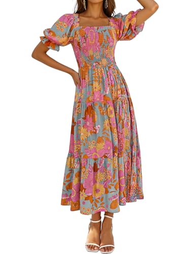 ZESICA Women's 2025 Summer Boho Floral Print Square Neck Ruffle Swing Beach...