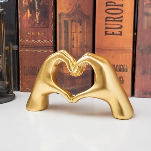 Small Heart Hands Sculpture Decor for Living Room Bedroom Bookshelf Coffe Table and Office Display, Love Finger Statue Modern Aesthetic Home Decor, Unique Gift for Wedding Christmas Birthday (Gold)