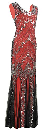 Image of Women Evening Maxi Long Dress 1920s Sequin Mermaid Hem Wedding Prom Gown Costume w / 20s Gatsby Accessories Set
