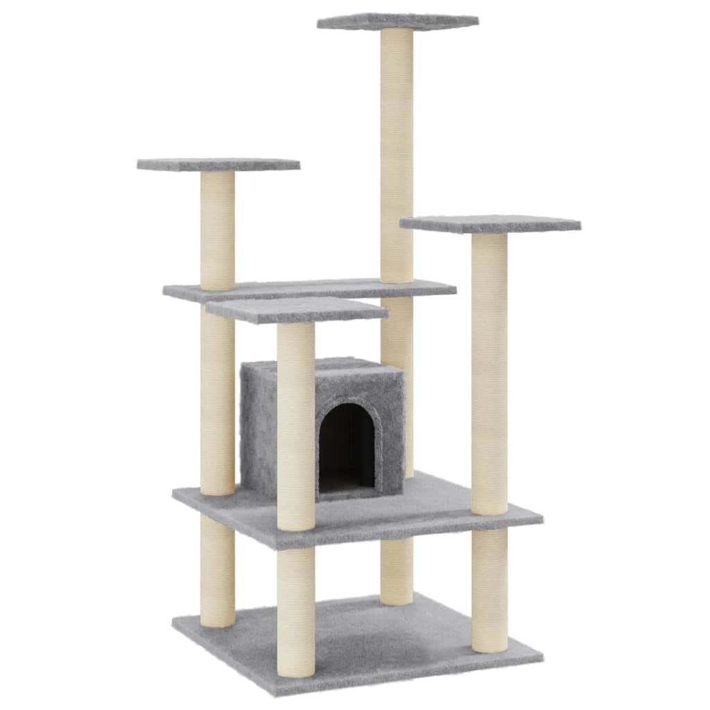 Kratzbaum für Katzen mit Sisal-Kratzsäulen 110 cm Hellgrau, Stabiler Kletterbaum mit Haus, Plattformen und Plüsch