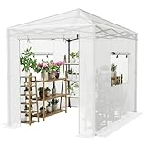 Greesum 8x6 FT Portable Pop-up Greenhouse with Center Lock, PE Cover, Zippered Door and 2 Roll-up Windows, Easy Assemble(White)