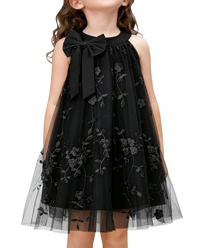 YALLET 5Y 6Y Flower Girl Dress Embroidered Tulle Tutu Halter Neck Bow Black
