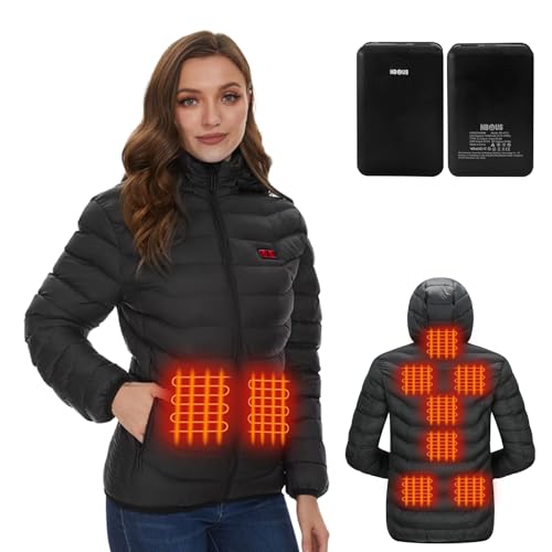 Women's Heated Quilted Coat, 9 Heat Zones, 2 Batteries, Black, Modern Style, Straight Fit, Hooded, Water Resistant