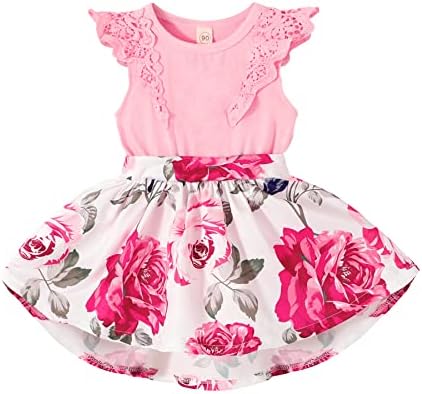 Newborn Infant Baby Girls Floral Dress Flutter Lace Sleeve Skirts Ruffle Dresses Summer Outfits (Pink B, 12-18 Months)