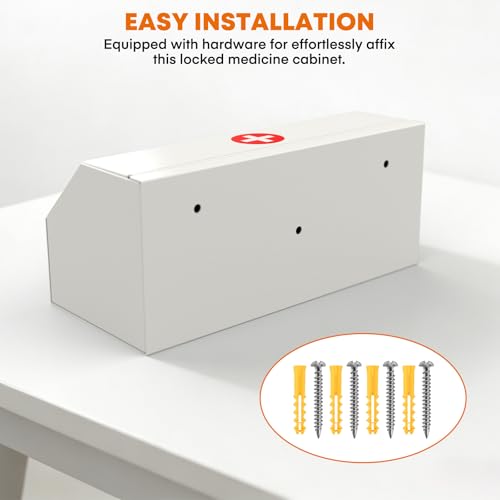 Image of Locking Medicine Cabinet - Wall Mount Steel First Aid Storage Box with Key Lock, Secure Medicine Organizer for Home, Office, Clinic, 12.25 inch W x 5.25 inch D x 5.5 inch H