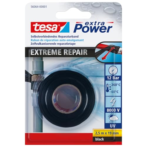 tesa Extra Power Extreme Repair Tape - Self-Fusing Repair Tape Made of Silicone for Insulation and Sealing - 2.5 m - Black