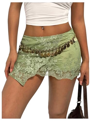 GORGLITTER Women's Lace Floral Embroidery Mini Wrap Skirt Y2k Mesh Sheer Coquette Skirts