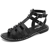 MaxMuxun Women's Studded Gladiator Sandals Flat Ankle Strap Open Toe Strappy Summer Sandals For Women, Black 9