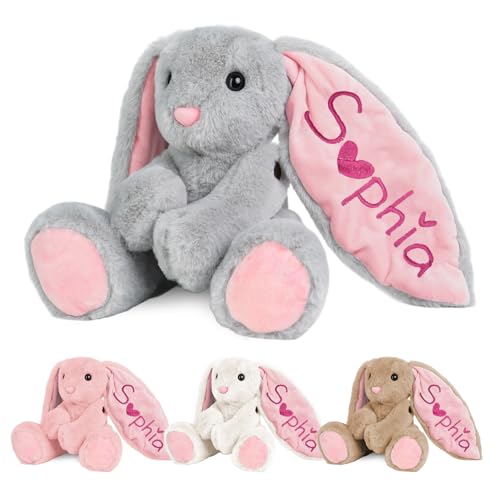 Pozetazas Personalized Bunny Plush with Embroidered Name, Custom Stuffed Animals for Babies, Bunny Plush Toys for 3 Years Old Girl Gifts, Birthday Easter for Baby Boys Girls Toddlers Newborn