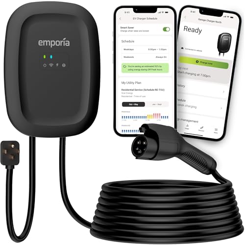 EMPORIA Level 2 EV Charger - NEMA 14-50 EVSE w/ J1772 Charger - 48 amp EV Level 2, 240v WiFi Enabled Electric Vehicle Charging Station, 25ft Electric Cable, Black