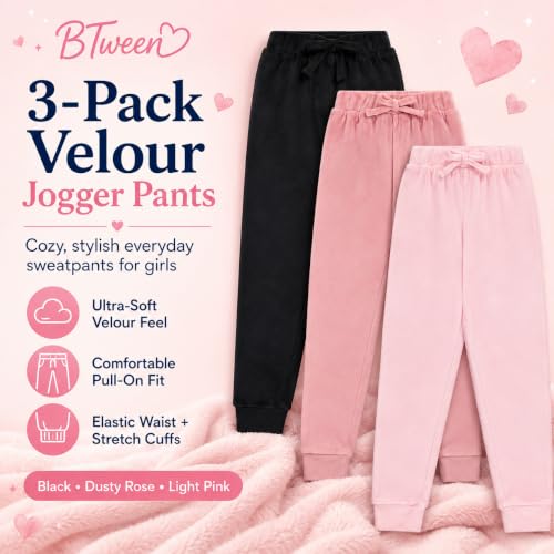 Image of BTween Girls 3 Pack Velour Jogger Pant Set Solid, Tie Dye or Camo Sweatpants for Girls