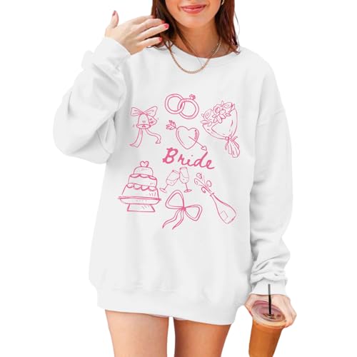 Migxsaf Bride Sweatshirt Mrs Fiancee Engaged Sweatshirts Oversized Long Sleeve Shirts Bachelorette Wedding Party Gifts(White-p XL)