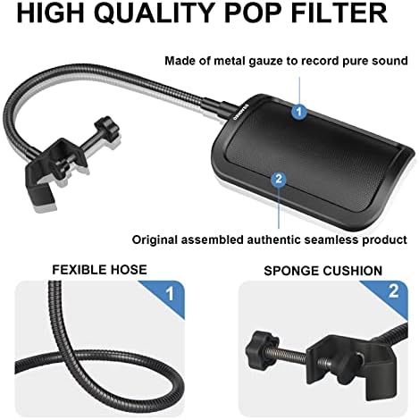 Aokeo Professional Microphone Metal Pop Filter Mask Shield For Blue Yeti,HyperX QuadCast and Any Other Microphone,Mic Wind Pop Screen With a Flexible 360° Gooseneck Clip Stabilizing Arm