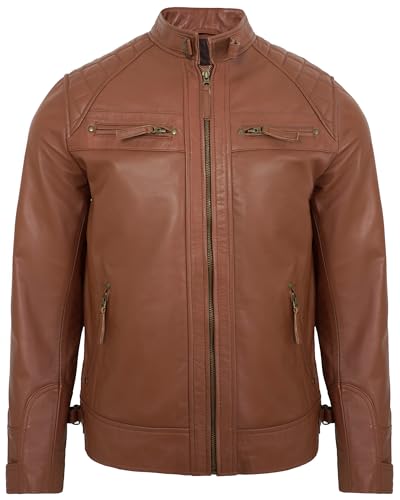 Image of Leather Jacket Men - Real Lambskin Motorcycle Jacket with Snap Tab Collar, Adjustable Waist & Zippered Pockets