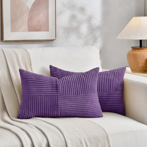 Image of Fancy Homi Set of 2, Purple Patchwork Corduroy Decorative Soft Striped Modern Accent Cushion Case Farmhouse Boho Neutral Throw Pillow Covers for Chair Couch Bed Sofa Living Room 28x20 Inch