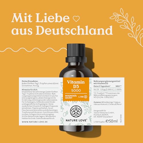 NATURE LOVE® Vitamin D3 5000 (50ml flüssig) - Laborgeprüfte 5000 I.E. pro Tropfen - in MCT-Öl aus Kokos - Vitamin D hochdosiert - hoch bioverfügbar, sehr hohe Stabilität - in Deutschland produziert