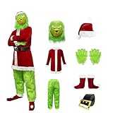 [Diki Home] グリンチ コスプレ メンズ サンタクロース クリスマス パーティー用 可愛い サンタコス 衣装 緑毛奇傑 演出服 イベント パーティー 舞台 新年会 文化祭 マスク・手袋・ベルト付き (7点セット, 2XL/3XL)