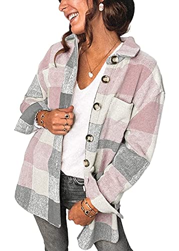 Women's Brushed Plaid Shirts Long Sleeve Flannel Lapel Button Down Cardigan Boyfriend Shacket Jacket Coats