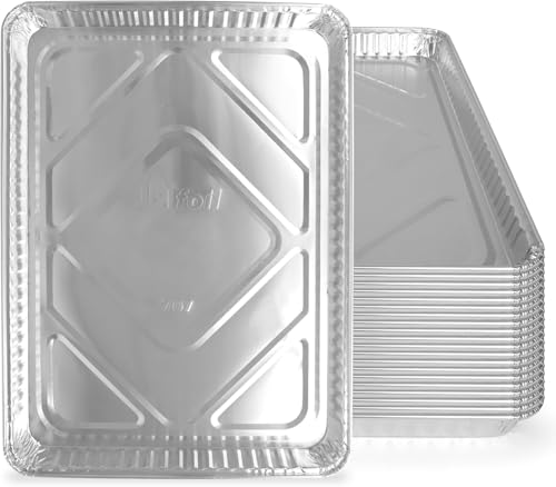 PLASTICPRO Aluminum Pans 100 Pack Disposable Cookie Sheets 13 x 17 Baking Pans Premium Quality Heavy Duty Sheet Pans