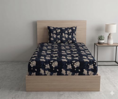 Image of DECOMIZER Cotton Feel All Around Elastic Fitted Glace Printed Single Bed Bedsheet with 1 Large Pillow Cover Fits Upto Mattress of 6 Inches,Size - 42 x 75 x 8 Inches, Dark Grey Lily
