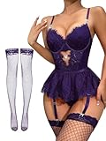 Lilosy Sexy Stocking Rhinestones Heart Garter Underwire Floral Mesh lace Sheer Babydoll Lingerie Teddy Bodysuit Skirt Set Women 2 3 Piece Push Up See Through Dark Purple Medium