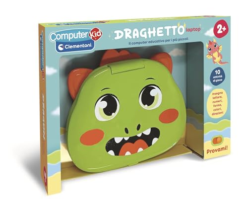 COSA CONTIENE: gioco ideato, progettato e sviluppato in Italia, per bambini dai 2 anni in su; include laptop interattivo Computer Kid Draghetto con 10 attività educative integrate, schermo LCD con animazioni, tastiera colorata, batterie incluse